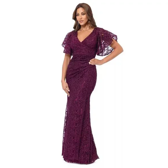 Besty & Adam Women's Eyelash-Lace Flutter-Sleeve Long Dress Size 8 NWT